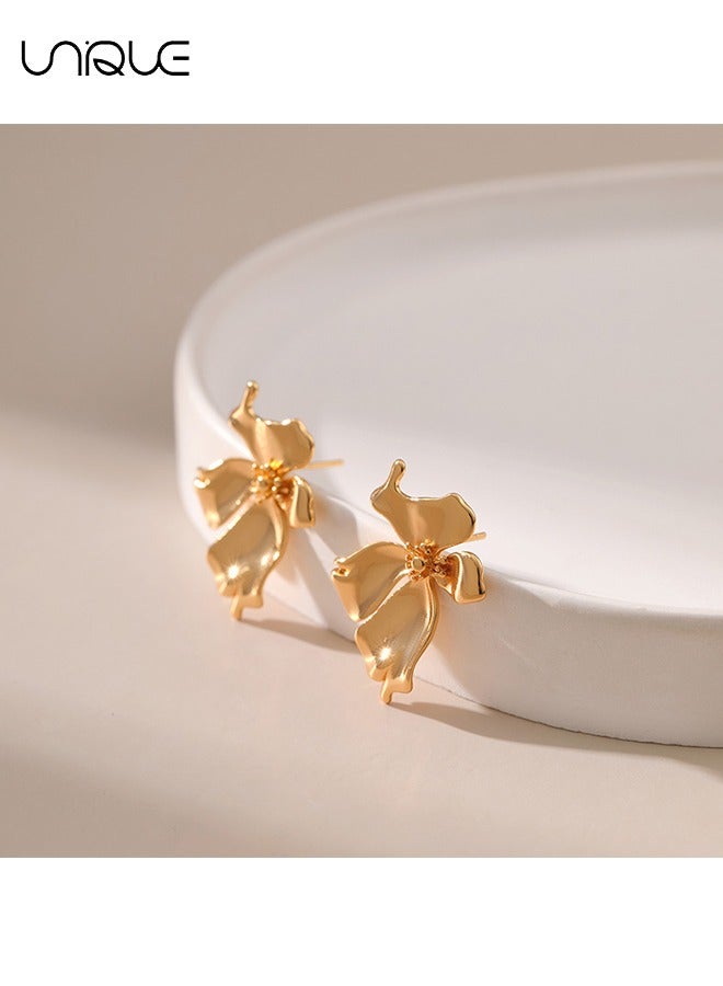 Unique Earrings - Gold Irregular Earrings - Flower Petal Earrings - French Earrings - Elegant, Simple and Stylish - Image 3