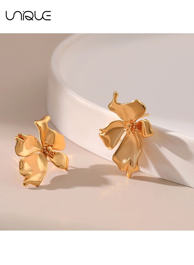 Unique Earrings - Gold Irregular Earrings - Flower Petal Earrings - French Earrings - Elegant, Simple and Stylish - Image 4