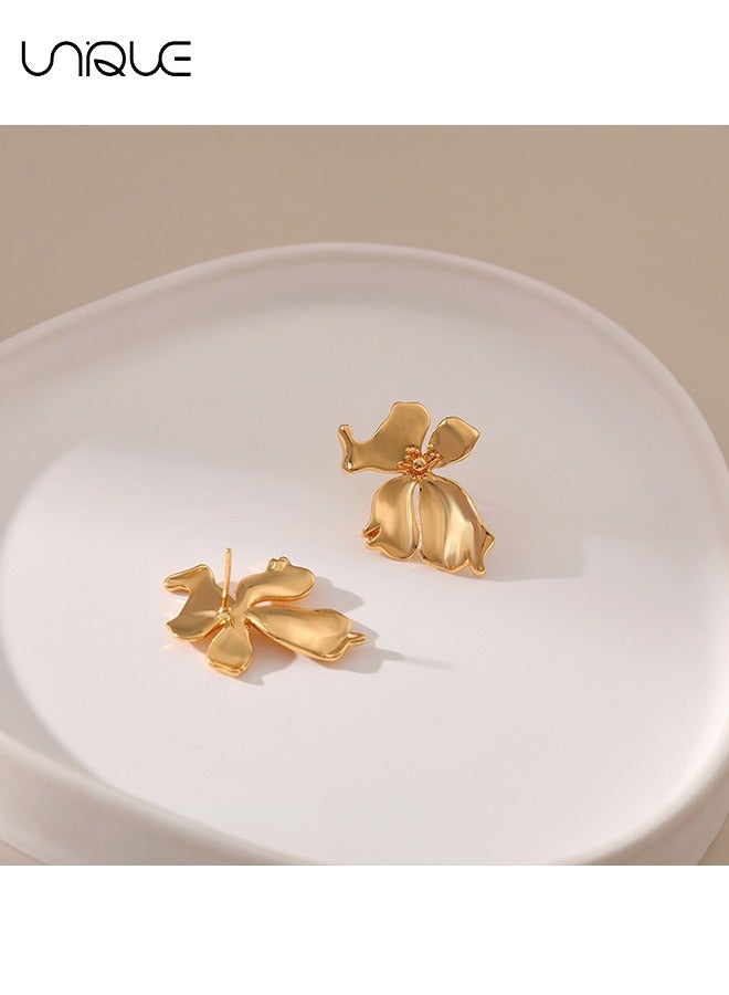 Unique Earrings - Gold Irregular Earrings - Flower Petal Earrings - French Earrings - Elegant, Simple and Stylish - Image 5