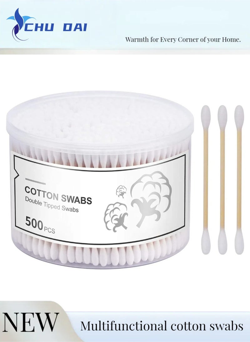 CHU DAI 520 pcs Swabs,Natural Double Round Strong Wooden Cotton Tip Sticks Buds for Ears，Cleaning and Makeup Removal,Cruelty-Free Ear Swabs with Storage Box - Gentle on Skin - Image 1