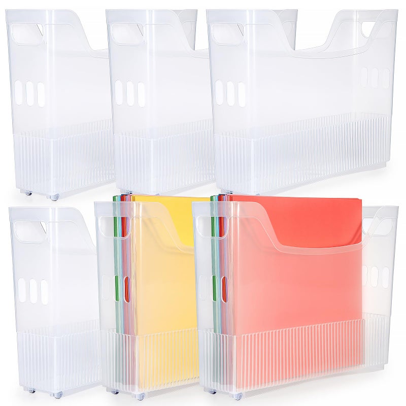 BTSKY 6 Pack Scrapbook Paper Storage Box with Wheels, Plastic Storage Organizer for 12" x 12" Scrapbook Papers, Portable File Organizer with Built-in Handle, Functional Magazine Holder Paper Rack - Image 1