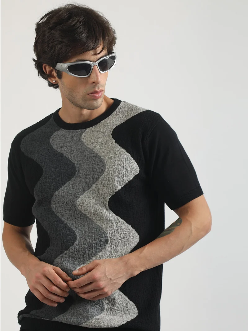 Maniac  Maniac Mens Textured Colorblock Round Neck Half Sleeve Black and Grey Cotton Tshirt for Men | Best Price UAE