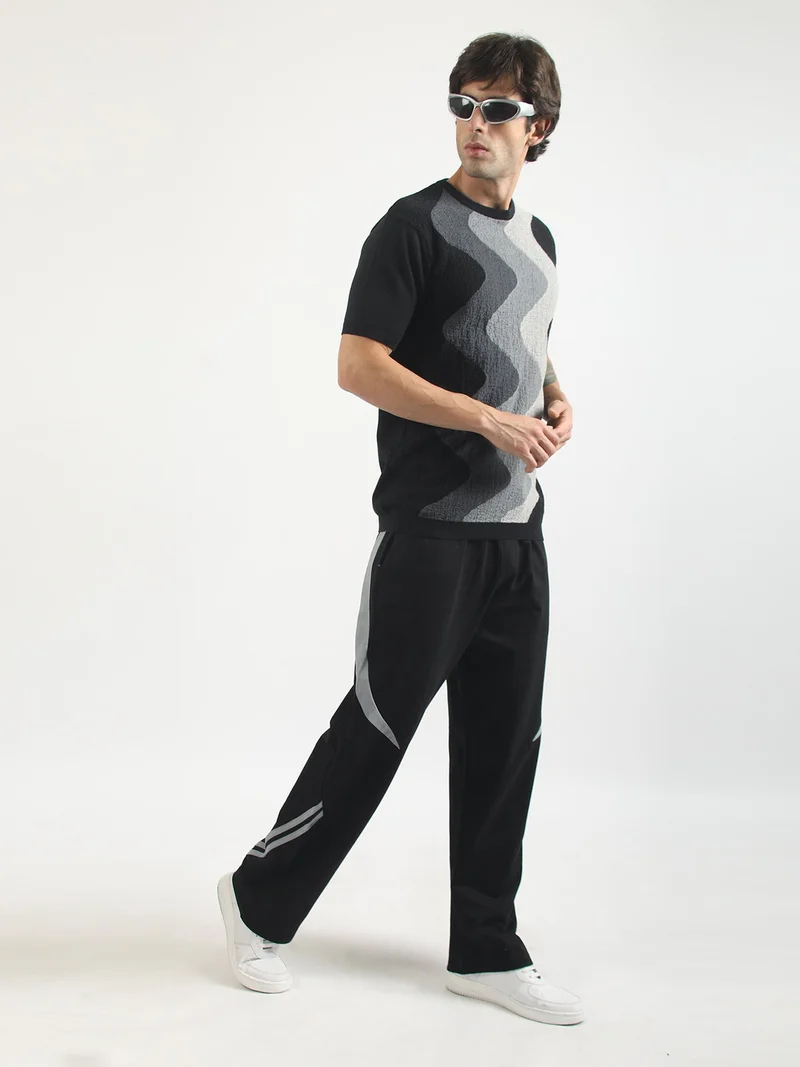 Maniac  Maniac Mens Textured Colorblock Round Neck Half Sleeve Black and Grey Cotton Tshirt for Men | Best Price UAE