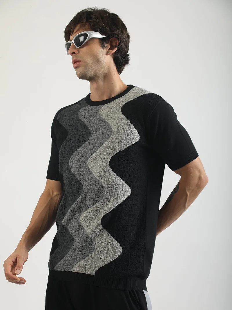 Maniac  Maniac Mens Textured Colorblock Round Neck Half Sleeve Black and Grey Cotton Tshirt for Men | Best Price UAE