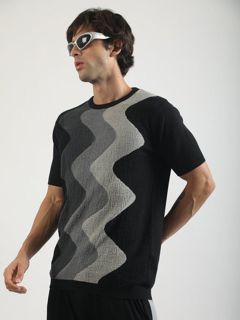 Maniac Mens Textured Colorblock Round Neck Half Sleeve Black and Grey Cotton Tshirt - Image 4