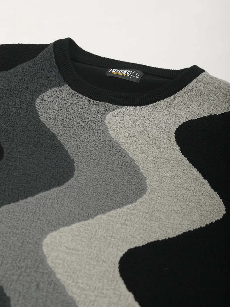 Maniac  Maniac Mens Textured Colorblock Round Neck Half Sleeve Black and Grey Cotton Tshirt for Men | Best Price UAE