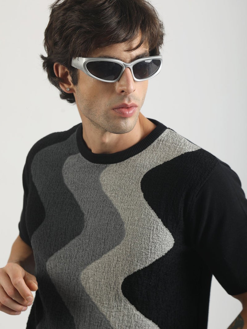 Maniac Mens Textured Colorblock Round Neck Half Sleeve Black and Grey Cotton Tshirt - Image 2