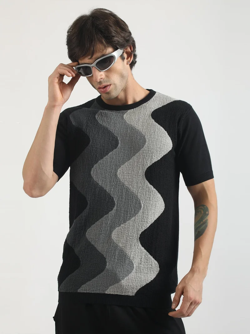 Maniac Maniac Mens Textured Colorblock Round Neck Half Sleeve Black and Grey Cotton Tshirt