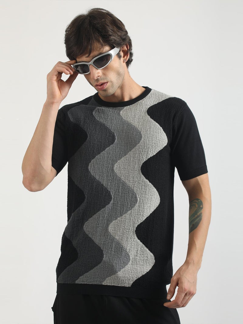 Maniac Mens Textured Colorblock Round Neck Half Sleeve Black and Grey Cotton Tshirt - Image 1