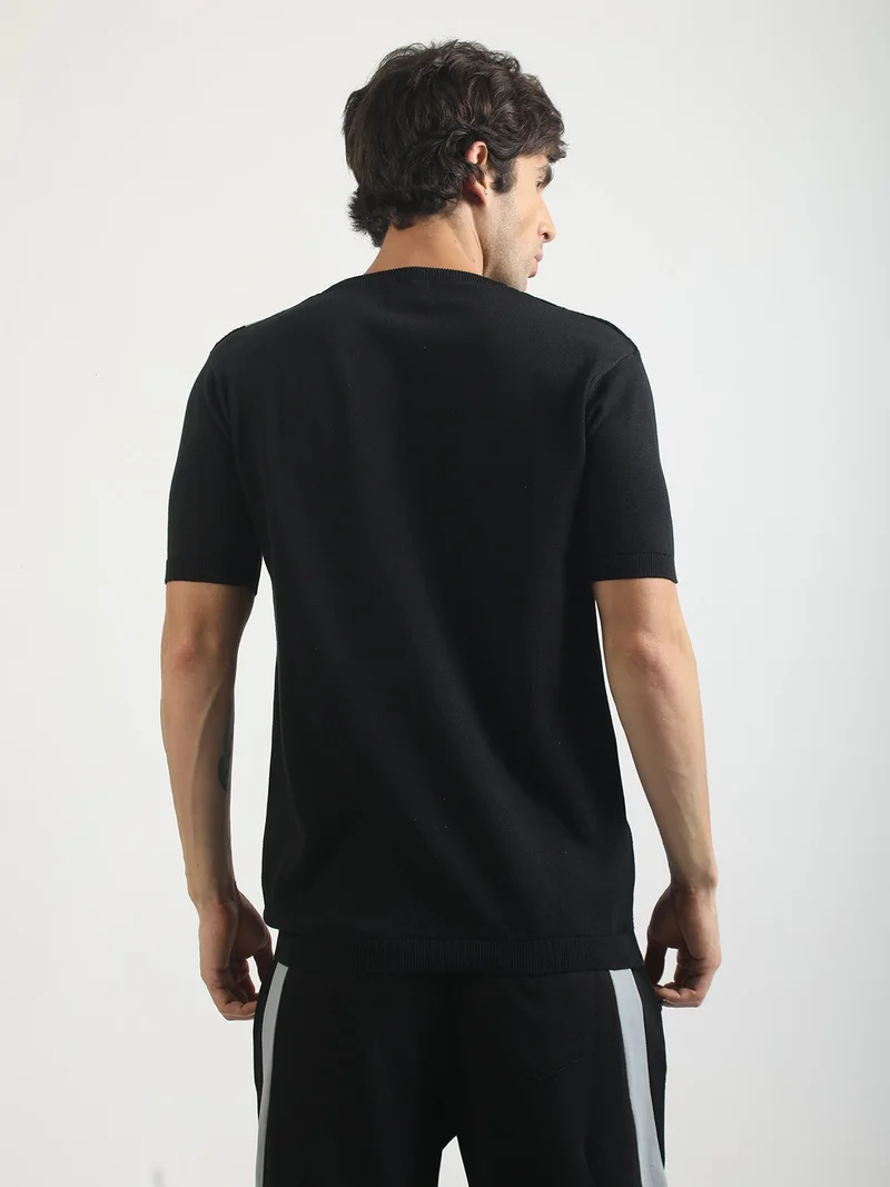 Maniac  Maniac Mens Textured Colorblock Round Neck Half Sleeve Black and Grey Cotton Tshirt for Men | Best Price UAE