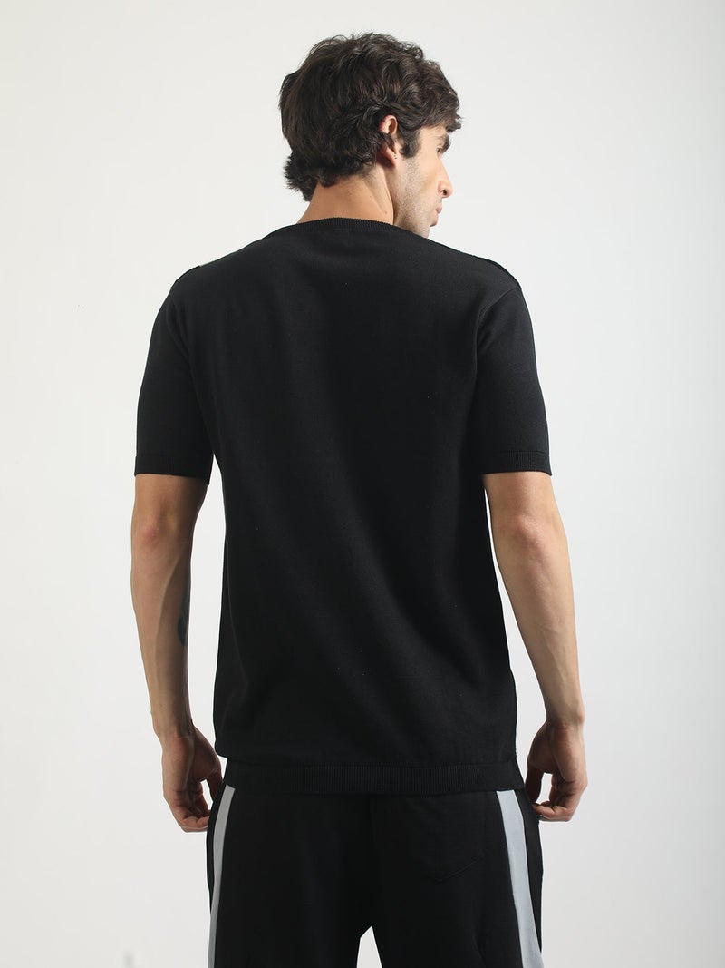Maniac Mens Textured Colorblock Round Neck Half Sleeve Black and Grey Cotton Tshirt - Image 5