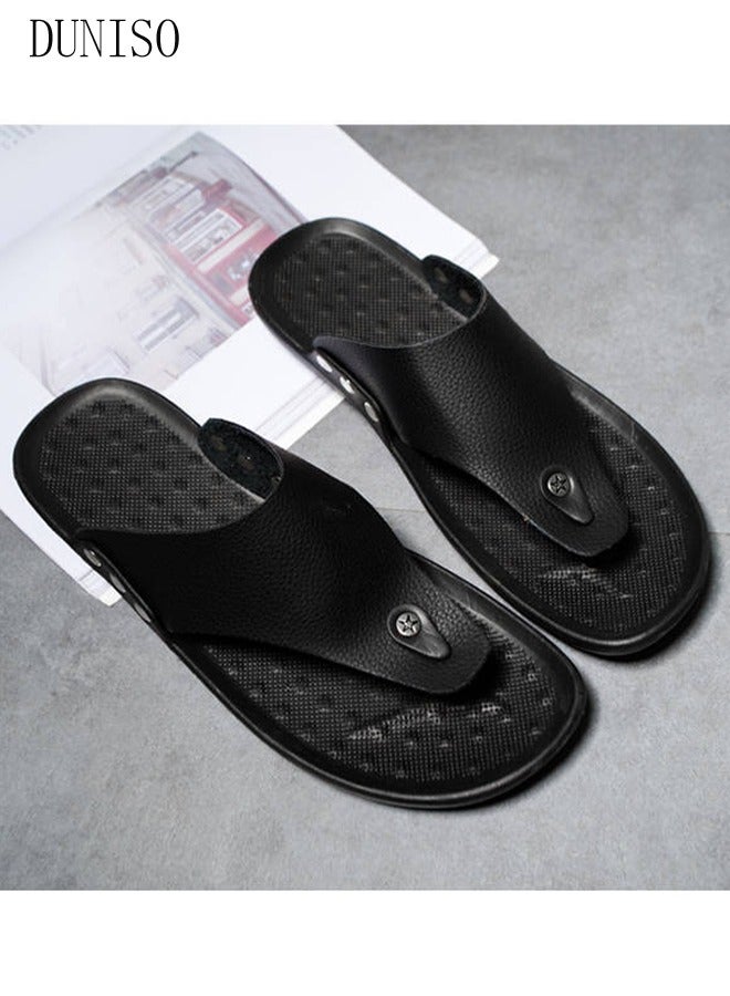 DUNISO شبشب فليب فلوب رجالي للشاطئ مصنوع من الجلد غير قابل للانزلاق شبشب مسطح قابل للتنفس مفتوح من الأمام شباشب ناعمة صندل منزلق للمنزل للشاطئ والمنتجعات الصحية وحمام السباحة وصالة الألعاب الرياضية - Image 5