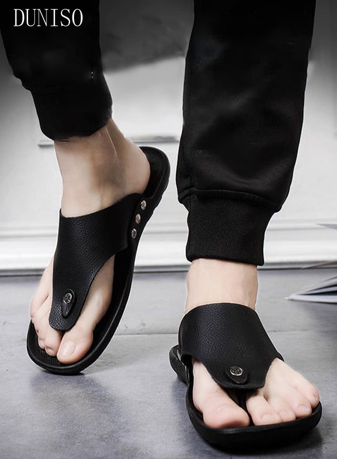 DUNISO شبشب فليب فلوب رجالي للشاطئ مصنوع من الجلد غير قابل للانزلاق شبشب مسطح قابل للتنفس مفتوح من الأمام شباشب ناعمة صندل منزلق للمنزل للشاطئ والمنتجعات الصحية وحمام السباحة وصالة الألعاب الرياضية - Image 3
