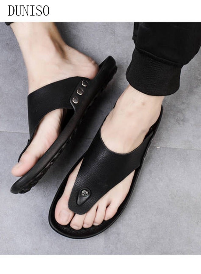 DUNISO شبشب فليب فلوب رجالي للشاطئ مصنوع من الجلد غير قابل للانزلاق شبشب مسطح قابل للتنفس مفتوح من الأمام شباشب ناعمة صندل منزلق للمنزل للشاطئ والمنتجعات الصحية وحمام السباحة وصالة الألعاب الرياضية - Image 4