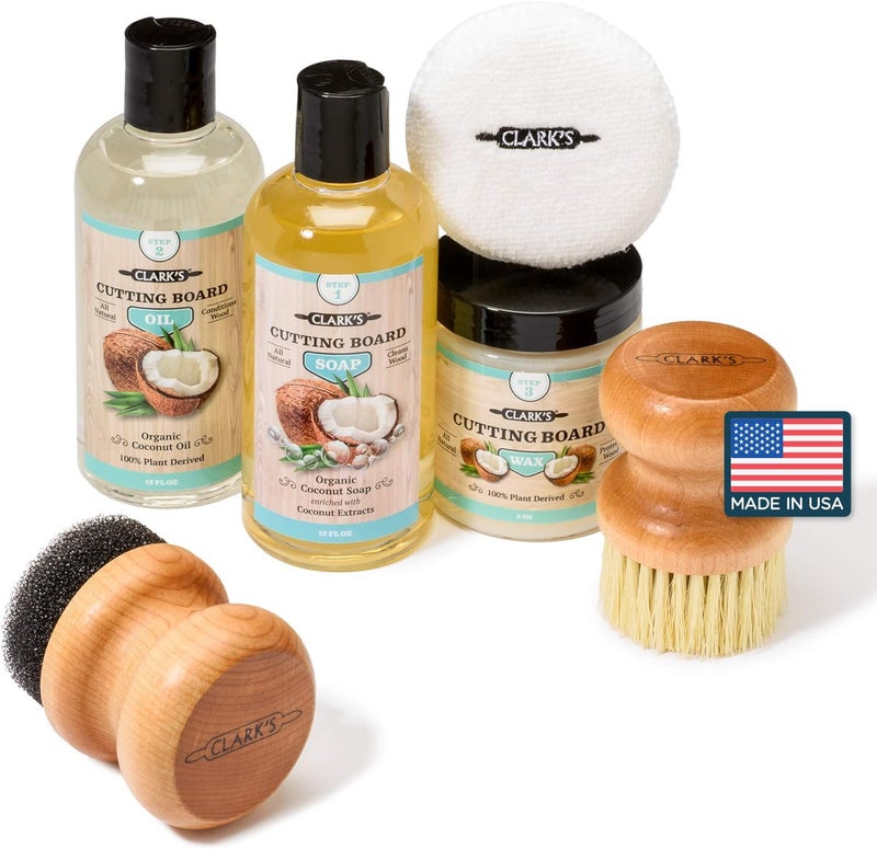 CLARKS Cutting Board Care Kit with Coconut Oil  Includes Wax Soap Scrub Brush Buffing Pad and Applicator  for Kitchen Countertops Butcher Blocks Wooden Bowls and Utensils  Food Safe
