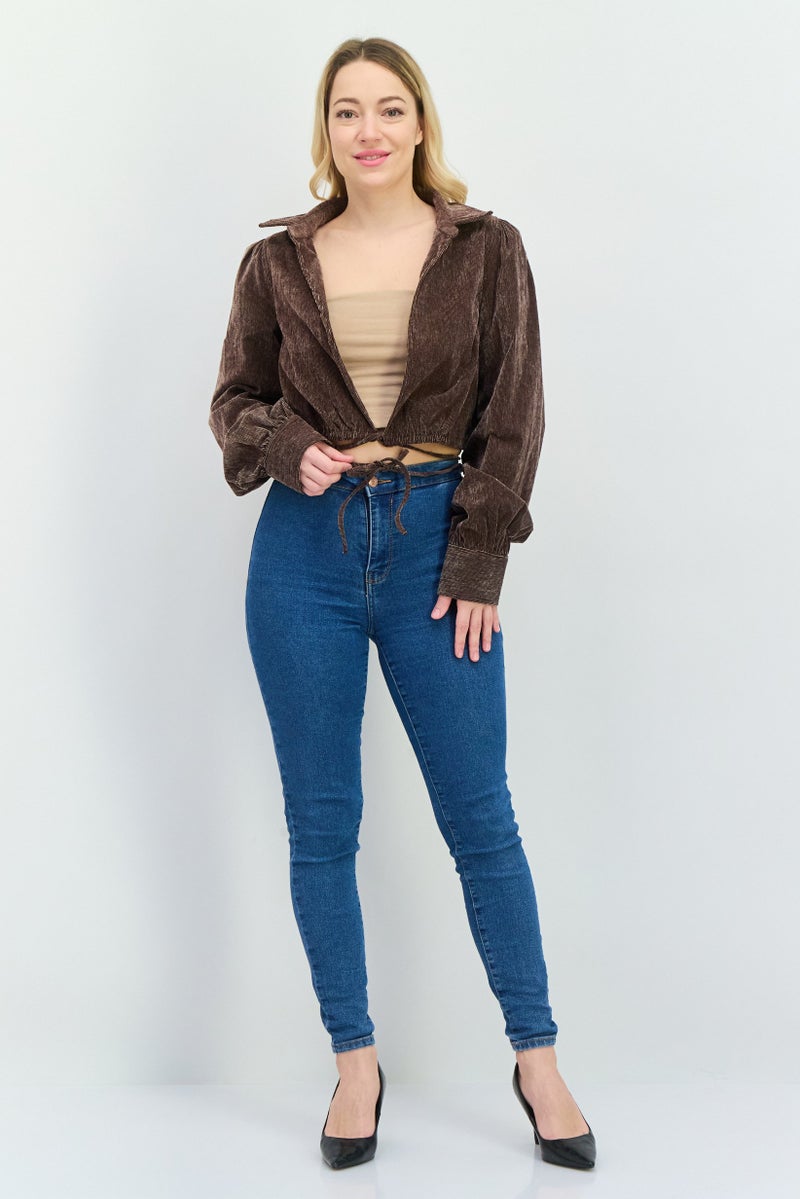 En Saison Women Spread Neck Long Sleeves Textured Blouse, Dark Brown  - Image 4