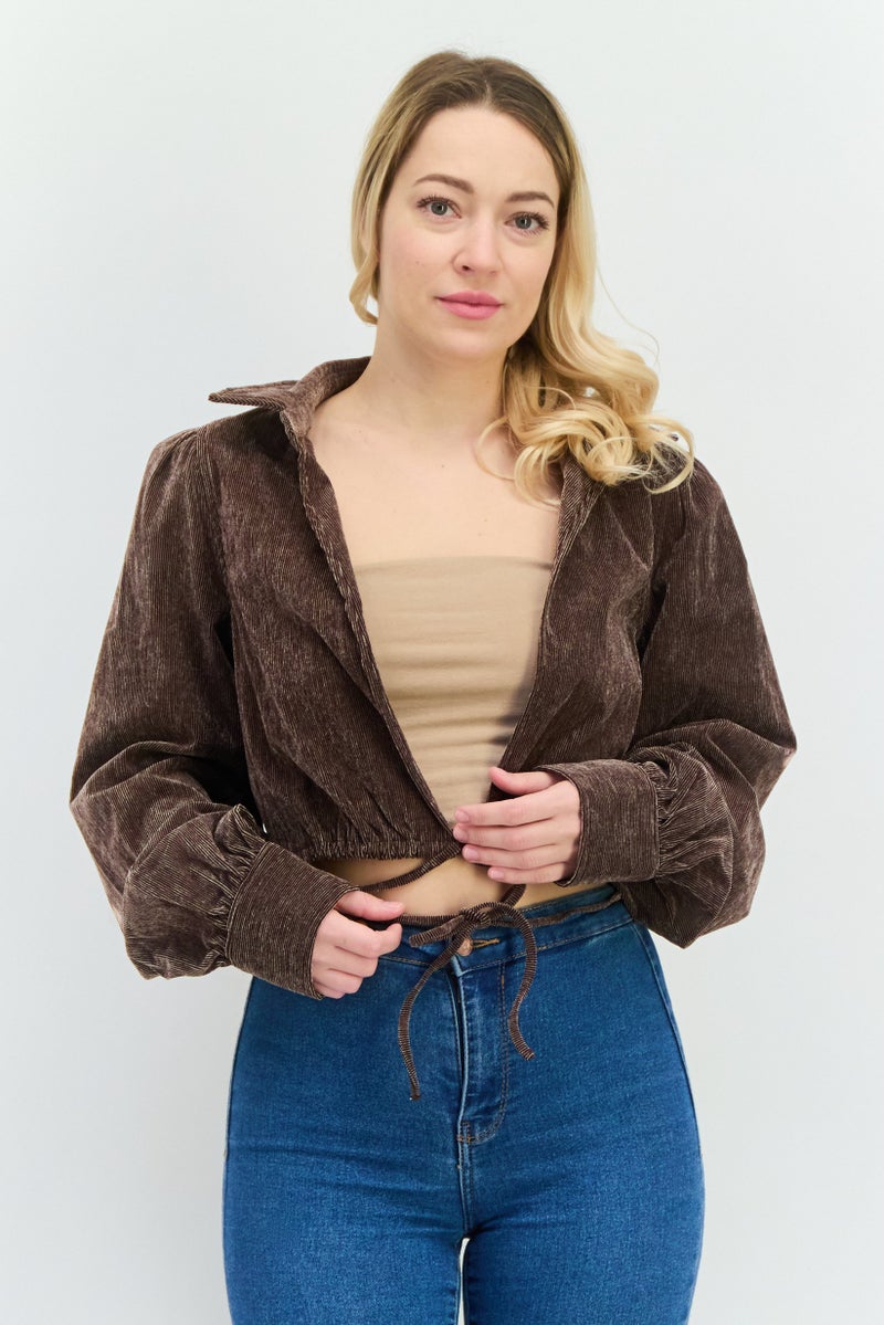 En Saison Women Spread Neck Long Sleeves Textured Blouse, Dark Brown  - Image 1