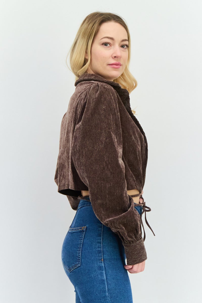 En Saison Women Spread Neck Long Sleeves Textured Blouse, Dark Brown  - Image 2