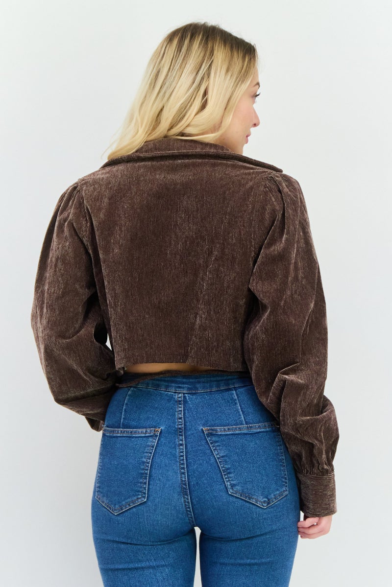 En Saison Women Spread Neck Long Sleeves Textured Blouse, Dark Brown  - Image 3