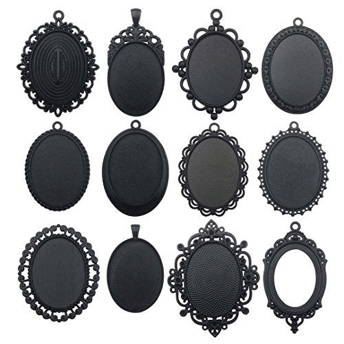 Youdiyla 10pcs 30x40mm Black Pendant Trays, Blank Glass Cabochons Dome Base Setting Bezel Frame Cameo Metal Alloy Charms for Jewelry Making DIY Findings (HM117) - Image 1