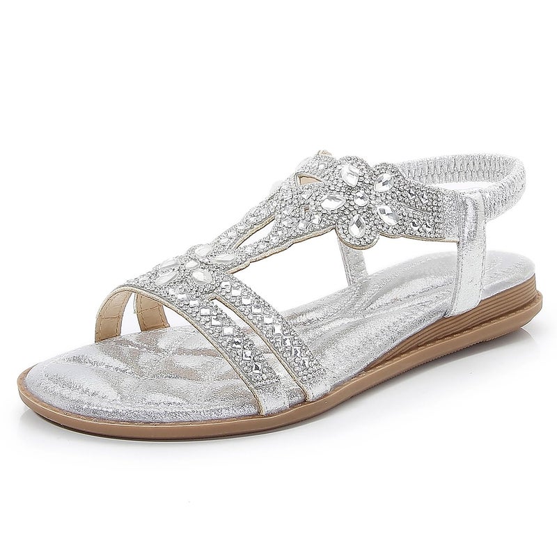 iCKER Women Rhinestone Sandals T-Strap Buckle Bohemian Pearl Crystal Flat Sandals-Sliver 01-10 - Image 1
