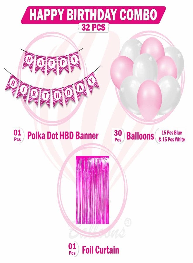 HK balloons Pack Of 32 Pcs Happy Birthday Pink Polka Dot Banner Card Stock Paper Decoration Set For Girls - Image 2