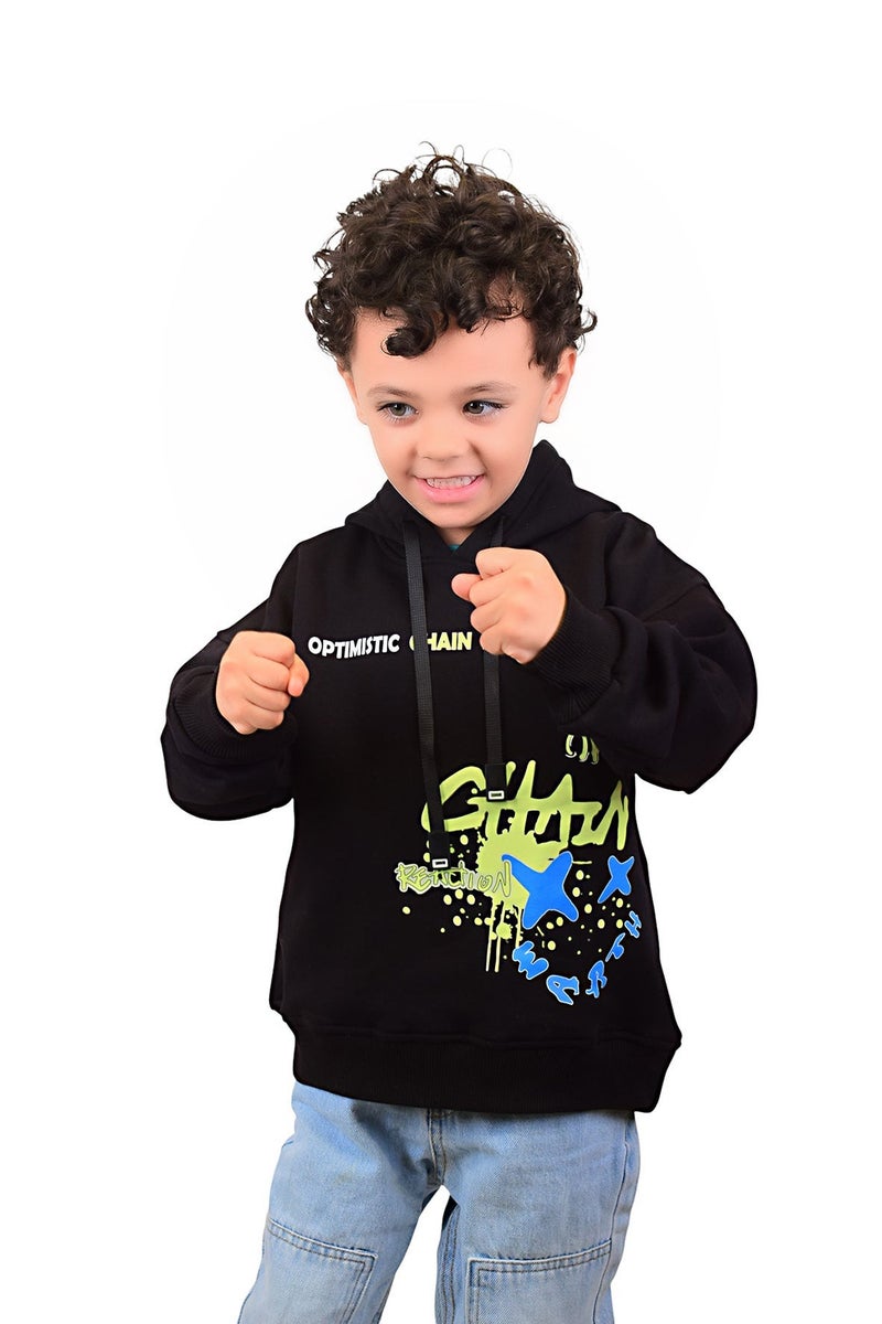 Bongo Kids Wear Graphic Design Melton Mixed Fabric Hoodie For Boys - Black - Image 2