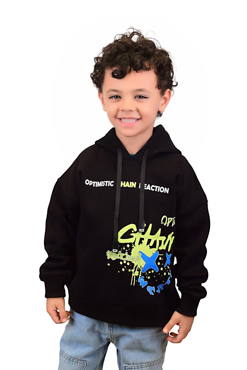 Bongo Kids Wear Graphic Design Melton Mixed Fabric Hoodie For Boys - Black - Image 1