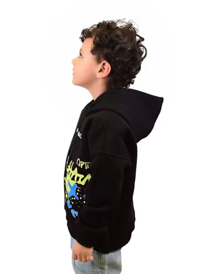 Bongo Kids Wear Graphic Design Melton Mixed Fabric Hoodie For Boys - Black - Image 3