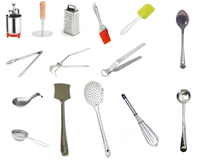STAINLESS STEEL 15 IN 1 PERFECT KITCHEN TOOL COMBO SET POTATO MASHER MENDU VADA MAKER SPOON REST CHIMTA PAKKAD TEA STRAINER WHISK GRATER BRUSH SPATULA ZARA PALTA TONG PAN SPOODLE