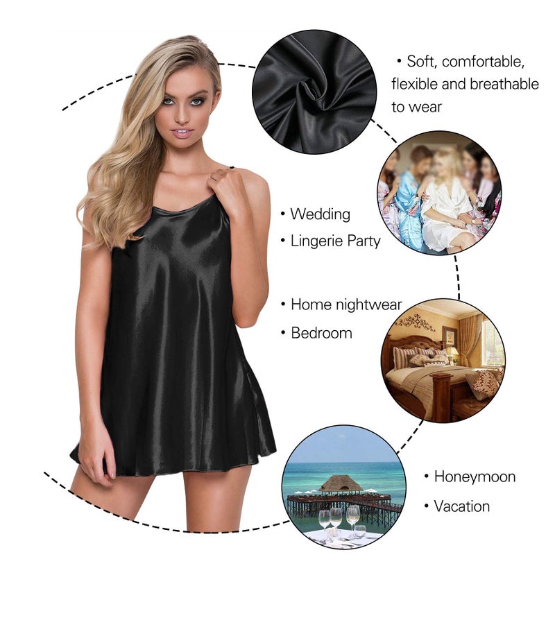RSLOVE Chemise Nightgown for Women Pajamas - Women Sexy Satin Nightgown Spaghetti Strap Sleepwear Silk Mini Slip Short Black L - Image 4