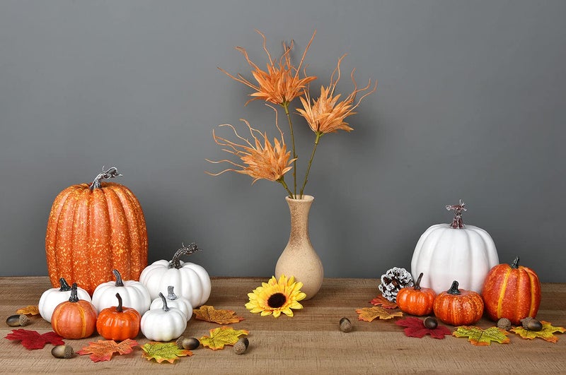 Lvydec Lvydec Artificial Pumpkins Set Harvest Decoration  12pcs Assorted Size Orange and White Pumpkins with 50pcs Maple Leaves for Halloween Thanksgiving Autumn Festive Party Supplies  - Image 2