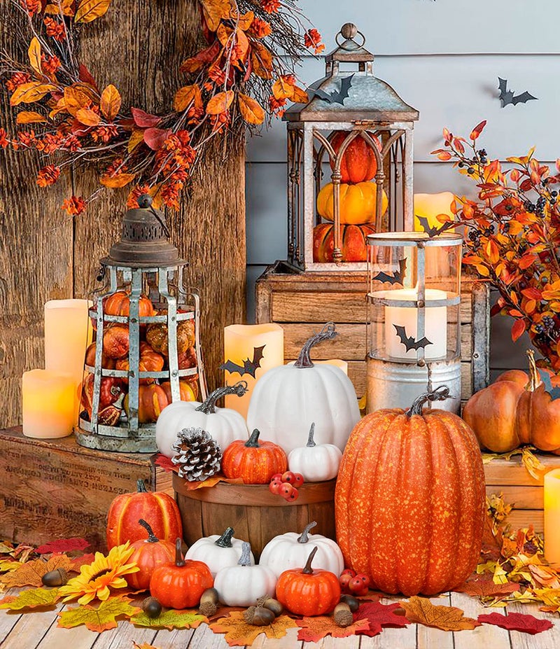 Lvydec Lvydec Artificial Pumpkins Set Harvest Decoration  12pcs Assorted Size Orange and White Pumpkins with 50pcs Maple Leaves for Halloween Thanksgiving Autumn Festive Party Supplies  - Image 5