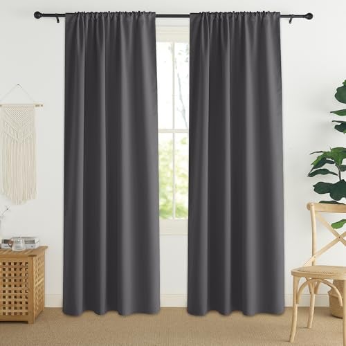 PONY DANCE Gray Blackout Curtains for Bedroom 90 inches Long 2 Panels Set Thermal Insulated Rod Pocket Black Out Window Drapes Noise Reducing Window Treatment for Living RoomW42 x L90 inch Grey - Image 1