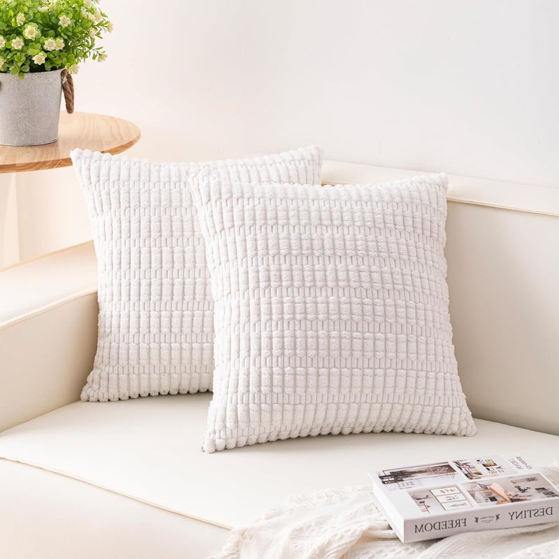 Aegero Pack of 2 Corduroy Decorative Throw Pillow Covers 18x18 InchSoft Boho Striped Pillow Covers Modern Farmhouse Home Decor for Sofa Living Room Couch Bed（White） - Image 1