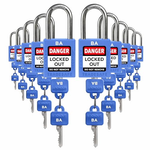 TRADESAFE Lockout Tagout Lock Sets, 10 Blue Keyed Alike Unlimited Grouping Safety Padlocks, 2 Keys Per Lock, OSHA Compliant Loto Locks, for Lock Out Tag Out Kits - Image 1