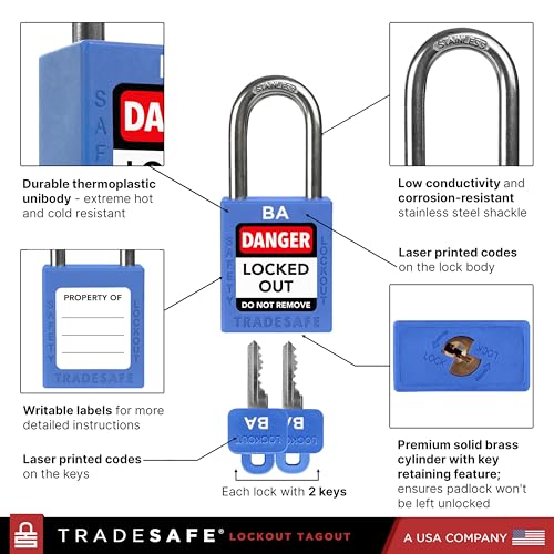 TRADESAFE Lockout Tagout Lock Sets, 10 Blue Keyed Alike Unlimited Grouping Safety Padlocks, 2 Keys Per Lock, OSHA Compliant Loto Locks, for Lock Out Tag Out Kits - Image 5