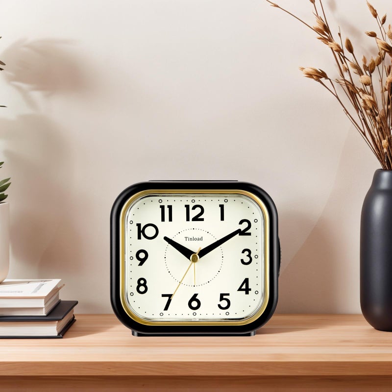 Tinload 4.3" Retro Analog Alarm Clock â€¢ Silent Non Ticking â€¢ Gentle Wake â€¢ Beep Sounds â€¢ Increasing Volume â€¢ Battery Operated Snooze and Lighted on Demand â€¢ Retro Black - Image 2