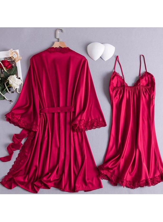 Lce Silk Sleepwear Three Piece Set With Lace Edge Suspender, Sleepwear For Home Use - Image 5