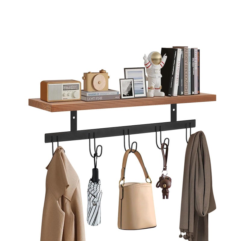 Livabber Wall Mounted Coat Rack with Wooden Shelf Heavy Duty Wall Hanging Storage with 5 Metal Hooks for Bathroom Entryway Living Room Bedroom Black - Image 2
