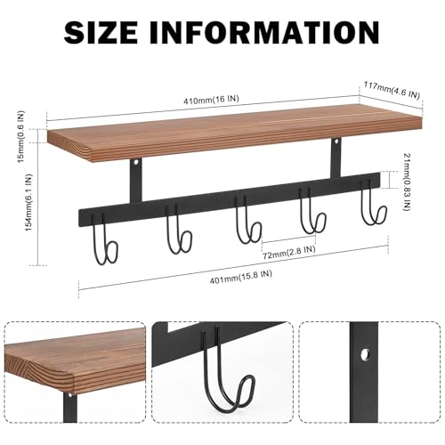 Livabber Wall Mounted Coat Rack with Wooden Shelf Heavy Duty Wall Hanging Storage with 5 Metal Hooks for Bathroom Entryway Living Room Bedroom Black - Image 3