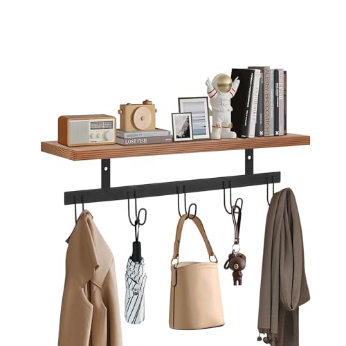 Livabber Wall Mounted Coat Rack with Wooden Shelf Heavy Duty Wall Hanging Storage with 5 Metal Hooks for Bathroom Entryway Living Room Bedroom Black - Image 1