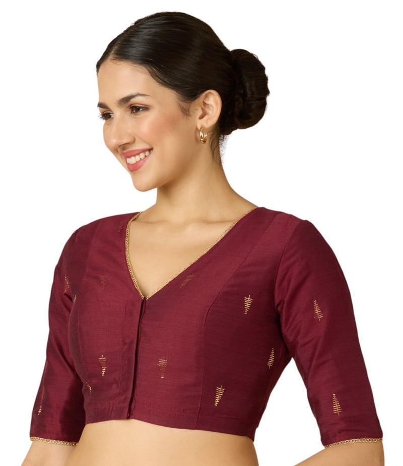Studio Shringaar Women's Handloom Cotton Silk Readymade Saree Blouse (Maroon, 46) - Image 4