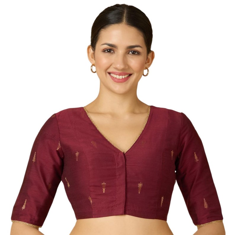 Studio Shringaar Women's Handloom Cotton Silk Readymade Saree Blouse (Maroon, 46) - Image 1