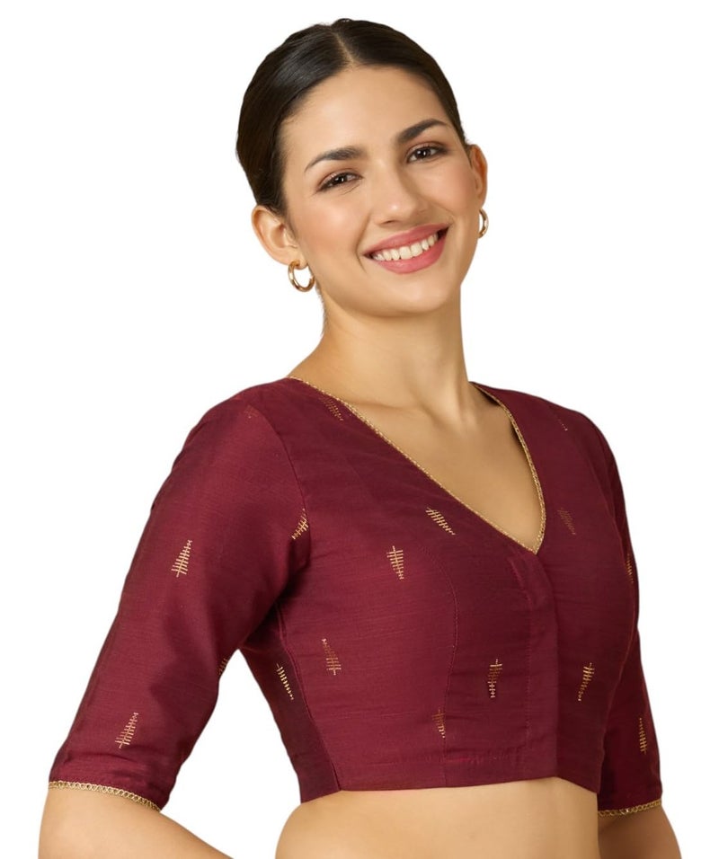 Studio Shringaar Women's Handloom Cotton Silk Readymade Saree Blouse (Maroon, 46) - Image 3