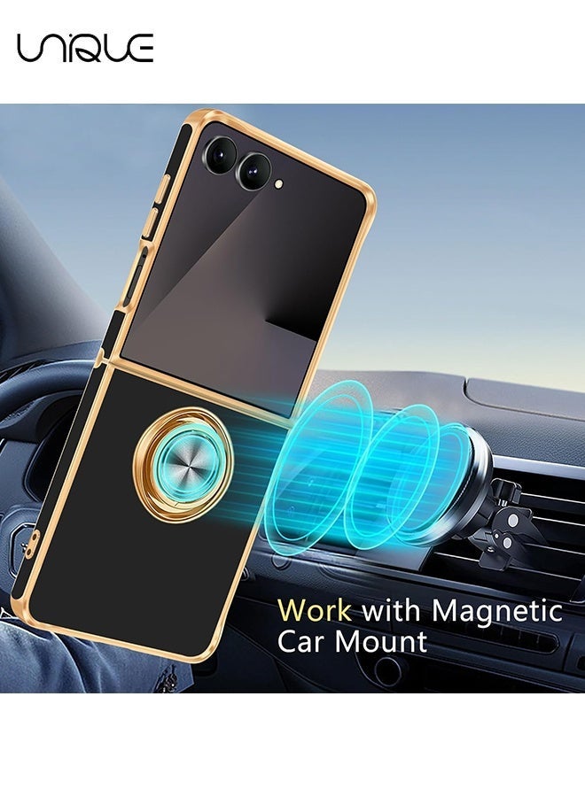 يونيك لجراب سامسونج جالاكسي زد فليب 7 [مع حامل حلقة قابل للدوران بزاوية 360 درجة] [دعم حامل السيارة المغناطيسي] - جراب TPU ناعم رفيع مطلي بالذهب لامع لهاتف Galaxy Z Flip 7 - أسود - Image 5