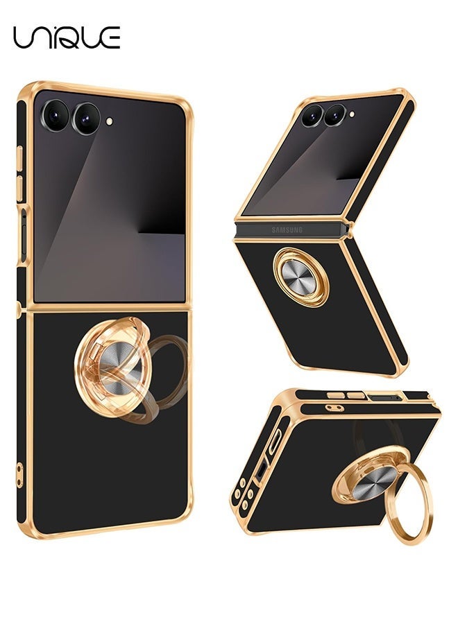 يونيك لجراب سامسونج جالاكسي زد فليب 7 [مع حامل حلقة قابل للدوران بزاوية 360 درجة] [دعم حامل السيارة المغناطيسي] - جراب TPU ناعم رفيع مطلي بالذهب لامع لهاتف Galaxy Z Flip 7 - أسود - Image 1