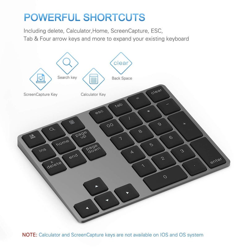 Lekvey Bluetooth Number Pad, Lekvey Aluminum Rechargeable Wireless Numeric Keypad Slim 34-Keys External Numpad Keyboard Data Entry Compatible for Macbook, MacBook Air/Pro, iMac Windows Laptop Surface Pro etc - Image 4