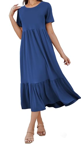 Jeqeocafy Summer Dresses for Women Flowy Maxi Sundress Short Sleeve Tiered Beach Dress with Pockets 2026 Vacation Travel Sea Blue - Image 5