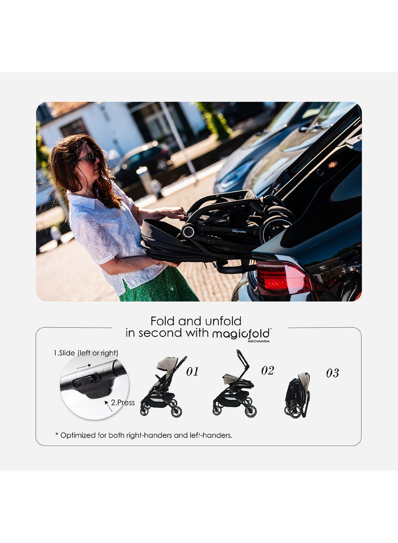 Hamilton T1 Stroller Khaki 360° Turnable Flat Seat MagicFold Birth to 22kg Pet Convertible SPF 50+ Canopy Magnetic Buckle XL Storage Lightweight Premium Leatherette - Image 4